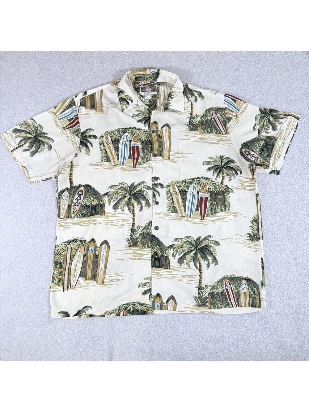 Kalaheo Men’s L Hawaiian Surfboard Graphic Print Short Sleeve Button-Up Shirt